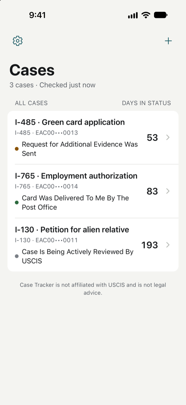 The Case Tracker cases screen: three cases, each with its form, masked receipt number, current USCIS status and days in that status.